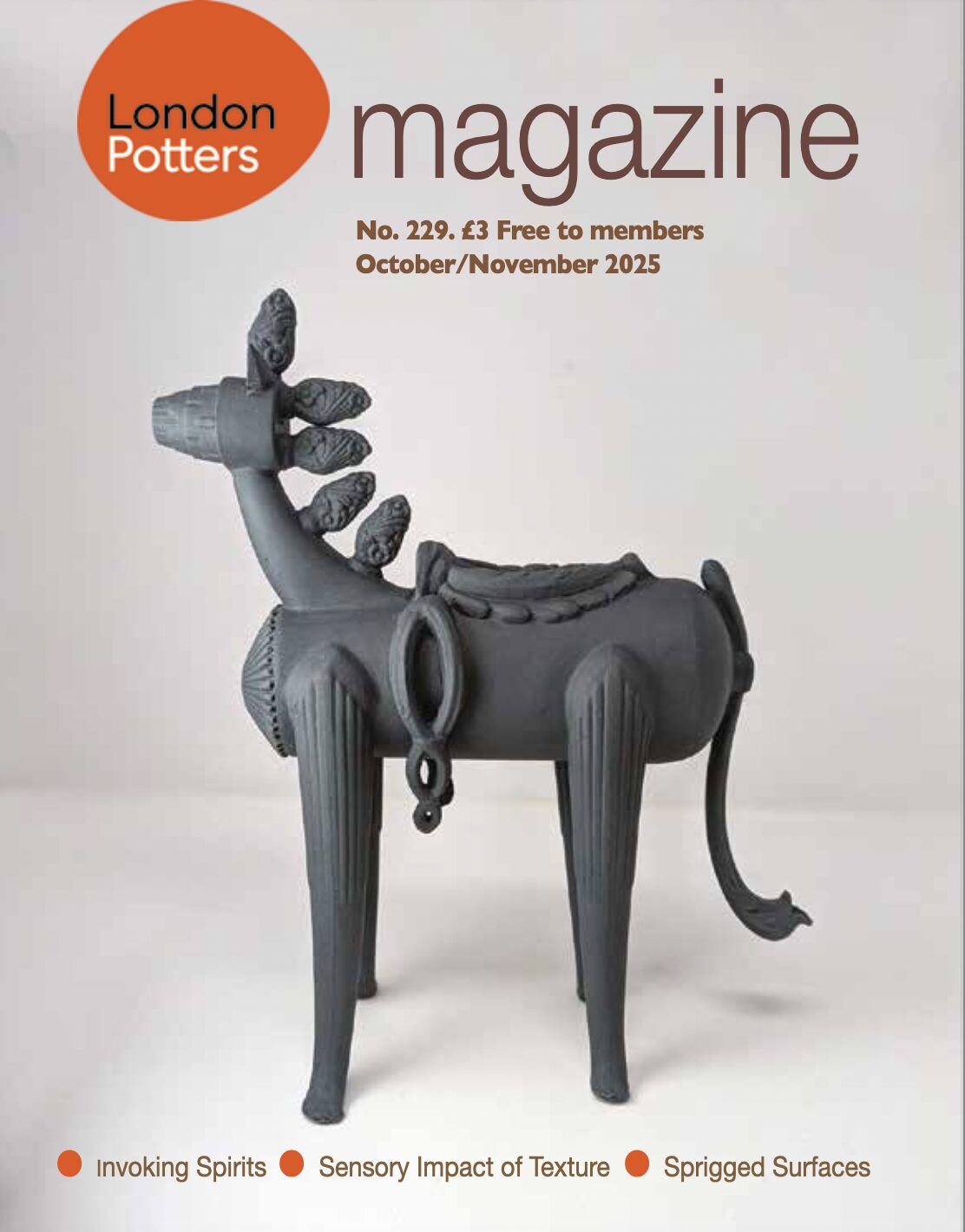 Cover of issue 229 of the London Potters magazine, showing an artpiece by ceramic artist Ömer Öner. The magazine also features a profile of Camilla Webb Carter and an article about the collective Ceramicspace.